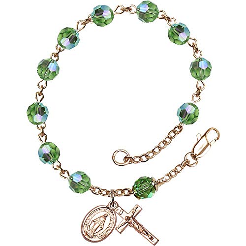 【中古】【未当て嵌める・未開封品】14?kt黄色ゴールドFilled Rosary Tin Cutオーロラビーズブレスレット6?粍 8月グリーンスワロフスキー、オーストリア、はりつけ台SZ 5?/ 8?x