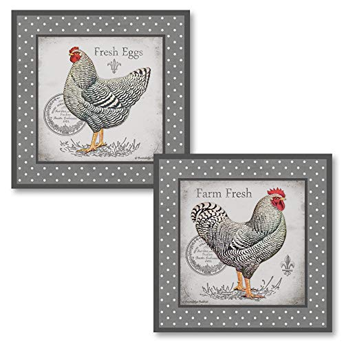 【中古】【未使用・未開封品】ヴィンテージRooster Hen and farm fresh eggs Prints with Polka Dots : 2つの12?x 12ポスター印刷。グレー/ホワイト/レッド