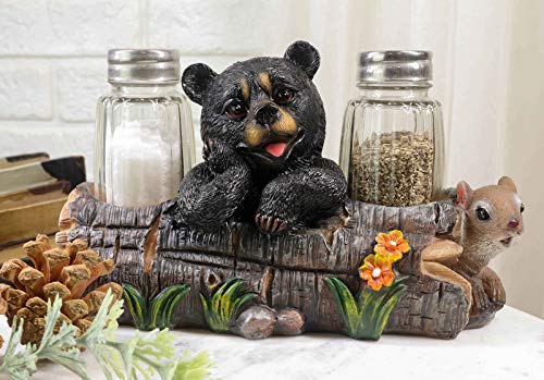 【中古】【未使用・未開封品】ブラックBaby Bear Playing WithログFigurine塩コショウ入れホルダースタンドダイニングテーブルCenterpiece