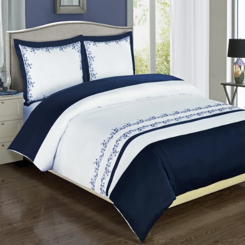 【中古】【未使用・未開封品】(King/California-King, Navy) - Navy and White Amalia 3-piece King/Cal-king Embriodered Duvet-Cover-Set, 100% Egyptian Cotton 300 TC