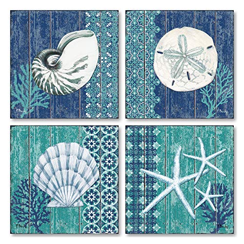 【中古】【未使用・未開封品】4?Lovelyブルーand Teal Ocean Seashell Sand Dollar and Star Fishセット Four 12x12in Poster Prints No MPN