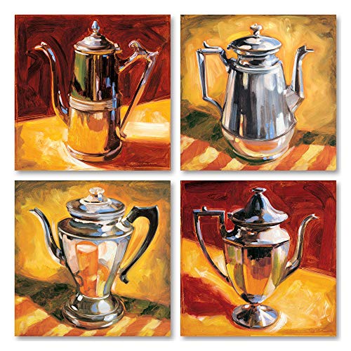 【中古】【未使用・未開封品】Tea Pot Iレトロシルバーティーポットセット; 4つ12?x 12ポスター印刷。レッド/イエロー/シルバー