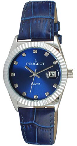 [Used] [Unused/Unopened] Peugeot Ladies Dress Quartz Watch Coin Edge Bezel Date Window & Leather Band Blue