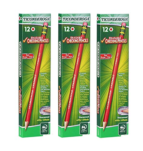 【中古】【未使用・未開封品】Dixon Ticonderoga Erasable Checking Pencils, Eraser Tipped, Pre-Sharpened, Set of 12, Carmine Red (14259) by Dixon Ticonderoga