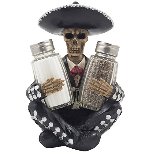 【中古】【未使用・未開封品】Dia de Los Muertos Mariachi Skeleton Salt and Pepper Shaker Set with Decorative Figurine Holder for Day of the Dead Mexican Festival De