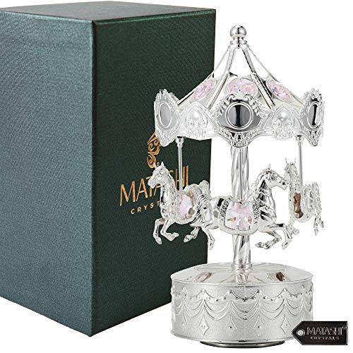 【中古】【未使用・未開封品】Silver Plated Music Box with Crystal Studded Silver Carousel with Horses Figurine by Matashi by Matashi