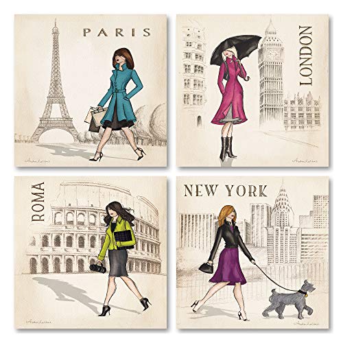 【中古】【未使用・未開封品】アンドレア・ラリベルテ作 パリ、ロンドン、ローマ、ニューヨークセット 8x8インチ アートプリントポスター|AJIMURA-SHOP