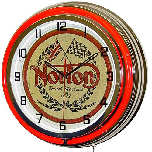 【中古】【未使用・未開封品】18インチ Norton オートバイ イギリスの機械 ダブルネオンライト付き壁掛け時計 クロームレッド