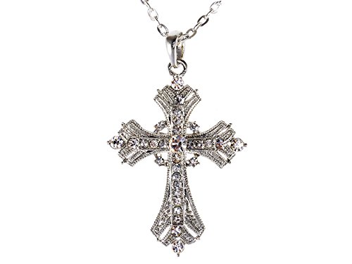 【中古】【未使用・未開封品】(アリラン) Alilang 十字架ペンダントネックレス シルバートーン 宗教的 アクアマリンブルーもしくはクリアクリスタルのラインストーンつき