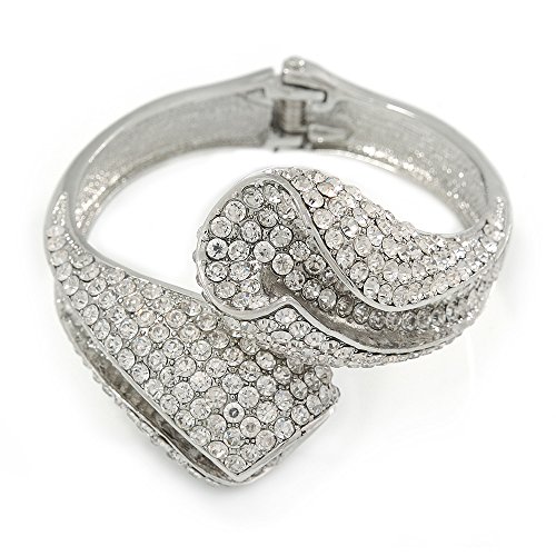 【中古】【未当て嵌める・未開封品】クリアクリスタルダブルリーフHinged Bangle Inしろがね色メッキ???Up to 20?糎 L