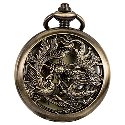 【中古】【未使用・未開封品】wenshidaヴィンテージブロンズドラゴン&フェニックスパターンメンズMechanical Pocket Watch withチェーン+ギフトボックス｜AJIMURA-SHOP