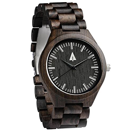 【中古】【未当て嵌める・未開封品】TreehutメンズブラックエボニーWooden Watch with全て木製ストラップクォーツアナログwith素質Miyota Movement andステンレス鋼スチール写真tri-fold その他-靴