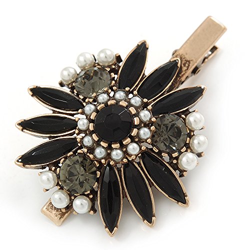 【中古】【未当て嵌める・未開封品】Vintage Inspired黒いこと/薄墨色水晶、パールフラワーヘアクリップBeak /コンコードクリップ/クランプでクリップブロンズトーン???60
