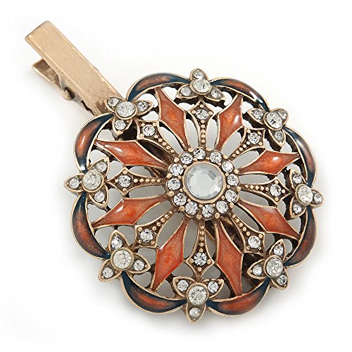 【中古】【未使用・未開封品】Vintage Inspiredクリアクリスタルオレンジエナメル花ヘアクリップBeak /コンコードクリップ/クランプでクリップゴールドトーン???60?mm L