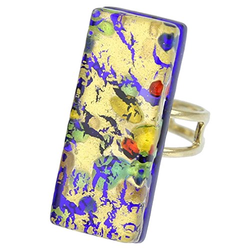 【中古】【未使用・未開封品】GlassOfVenice ムラーノガラス ベネチアン反射 長方形 調節可能なリング ゴールド