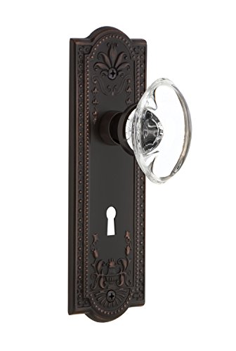 【中古】【未使用・未開封品】Nostalgic Warehouse Meadows プレート キーホール付き プライバシー 楕円形 クリアクリスタルガラス ドアノブ 流行に左右されないブロンズ