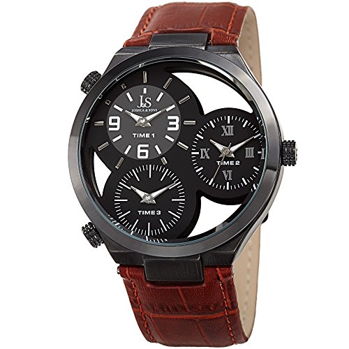 【中古】【未当て嵌める・未開封品】Joshua \u0026 Sons Triple Time Zone withシースルーダイヤルとブラックベゼルon Alligatorエン元締め本革ブラウンストラップウォッチjx119tn
