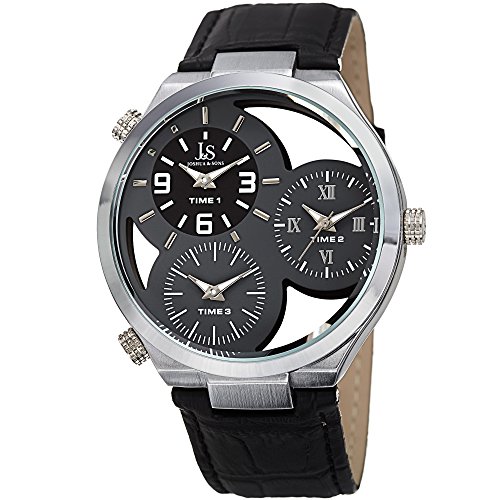 【中古】【未当て嵌める・未開封品】Joshua \u0026 Sons Triple Time Zone withシースルーダイヤルとしろがね色声の調子のベゼルon Alligatorエン元締め本革ブラックストラップウォッチjx119gy