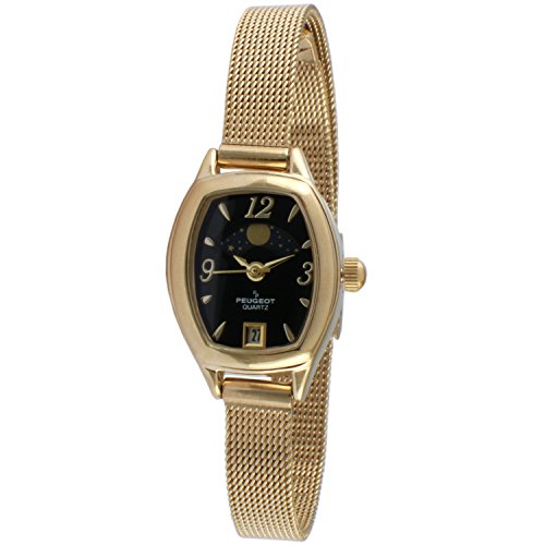【中古】【未当て嵌める・未開封品】Peugeot Women\u0027s 14K Gold Plated Slim Mesh Decorative Sun Moon Phase Face Black Face Vintage Dress Watch