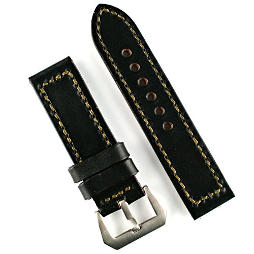 【中古】【未使用・未開封品】24?mmブラックHorween Chromexcelビンテージレザー時計バンドストラップカーキステッチ(Large長)