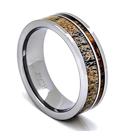【中古】【未使用・未開封品】Deer Antlerリングタングステン結婚式バンドリングHawaiian Koa Woodフラットトップ8?mm Inlay