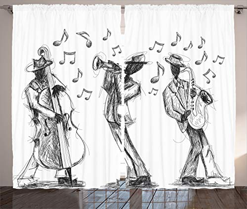 【中古】【未使用・未開封品】Ambesonne 音楽カーテン ジャズバンド 楽器や音符で音楽を奏でるスケッチスタイル リビングルーム ベッドルーム ウィンドウドレープ 2パネルセッ