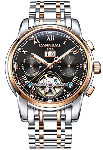 【中古】【未使用・未開封品】CARNIVAL メンズ トゥールビヨン 自動機械式腕時計 シルバーステンレススチール 多機能ブルーウォッチ, ローズゴールド/ブラック。, 自動巻き。