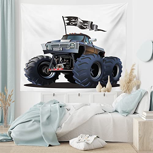 【中古】【未使用・未開封品】Ambesonne Cars装飾コレクション、人気Largeサスペンションモンスタートラックwith Deadスカル海賊フラグOff to Road Artsy、ベッドルームリビン画像