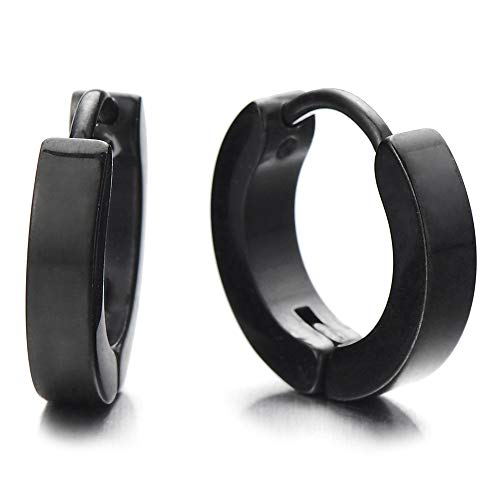 【中古】【未使用・未開封品】(Diameter:12MM) - Pair Plain Black Huggie Hinged Hoop Earrings Unisex Mens Womens