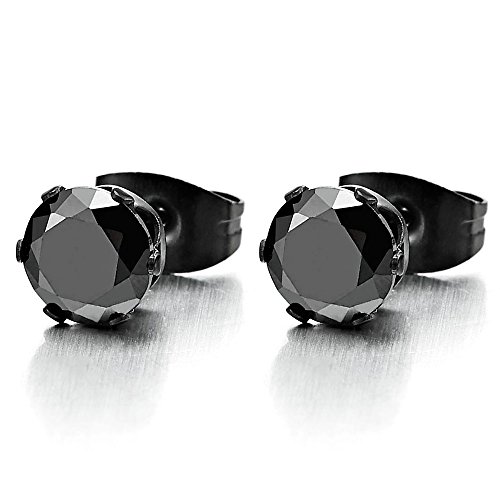 【中古】【未当て嵌める・未開封品】(Stone Size: 8MM) - 3-8MM Black Cubic Zirconia Mens Ladies Black Stud Earrings Stainless Steel, 1 Pair