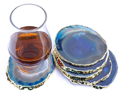 【中古】【未使用・未開封品】(Golden Plated Blue Color) - JIC Gem Golden Plated Dyed Blue Agate Coasters, 6 pcs set, 7.6cm - 10cm, with Rubber Bumper