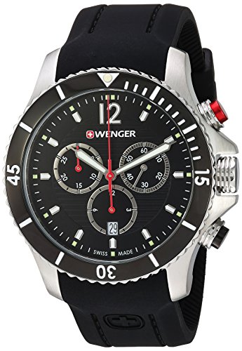 【中古】【未使用・未開封品】Wengerメンズ0641.102?Sea Force 3h Analog Display Swiss Quartz Black Watch Chrono, Black Dial, Black Silicone Strap