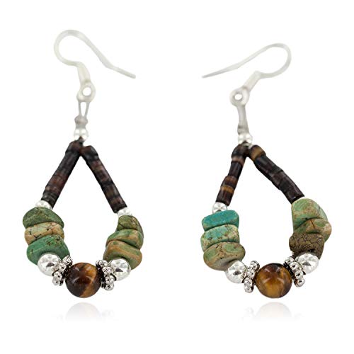 【中古】【未当て嵌める・未開封品】$ 90受け売り引き船Authentic Navajo Made by Charlene Littleしろがね色引っかかり生まれながら青緑色Tigers Eye HeishiフープNative Americanダングルイヤリン