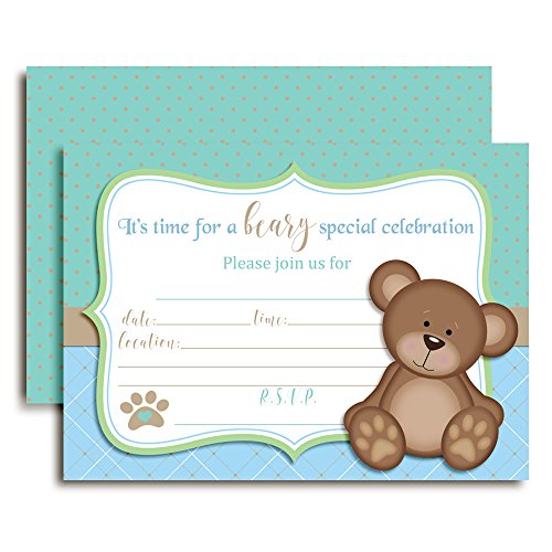 【中古】【未使用・未開封品】Teddy Bear Boy Birthday Party Invitations for Boys, 10 13cm x 18cm Fill In Cards with 10 White Envelopes by AmandaCreation