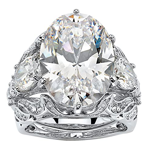 【中古】【未当て嵌める・未開封品】oval-cutホワイトキュービックジルコニアplatinum-plated 3ピースブライダルリングセット