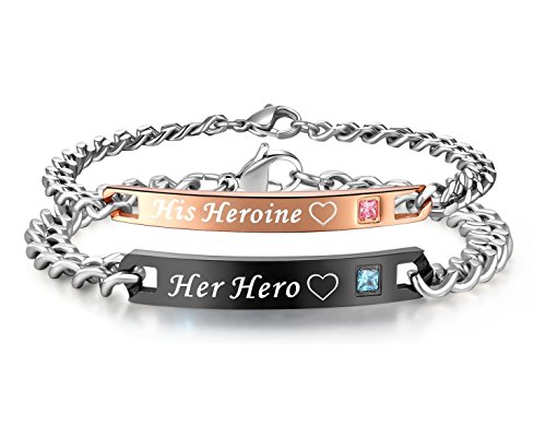 【中古】【未当て嵌める・未開封品】彼または意中の女マッチング仕かける彼Heroine意中の女Heroチタンステンレススチールカップルブレスレットインチ a差し上げ物ボックス席 その他-靴