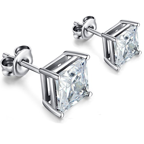 【中古】【未使用・未開封品】(5mm) - Silver Earrings, Sterling Silver Princess Cut Diamond Earrings Stud, 18K Gold Plated Silver Square Cubic Zirconia Stud Earrings