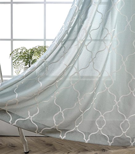 【中古】【未使用・未開封品】(130cm x 210cm, Sea Foam) - Miuco Moroccan Embroidery Semi Sheer Curtains Faux Linen Grommet Curtains for Living Room 130cm x 210cm 2 P