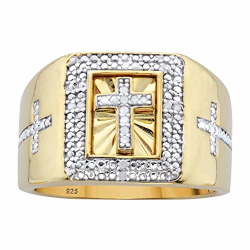 【中古】【未使用・未開封品】PalmBeach Jewelry メンズ イエローゴールドメッキ スターリングシルバー ラウンド 本物のダイヤモンド クロスリング (1/10カラット I カラー I3