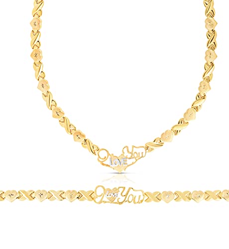【中古】【未使用・未開封品】[Glad Gold] ブレスレット&ネックレスセット スターリングシルバー 14Kゴールドメッキ スタンパート Xo&ハート ハグ&キス I Love You 文字デザイ