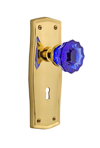 【中古】【未使用・未開封品】Nostalgic Warehouse 726413 Prairie Plate Interior Mortise Crystal Cobalt Glass Door Knob in Polished Brass, 2.25 with Keyhole