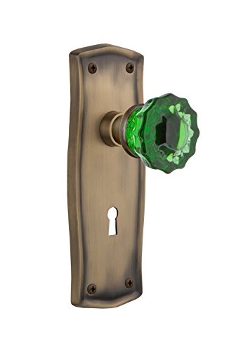 【中古】【未使用・未開封品】Nostalgic Warehouse 723971 Prairie Plate with Keyhole Double Dummy Crystal Emerald Glass Door Knob in Antique Brass