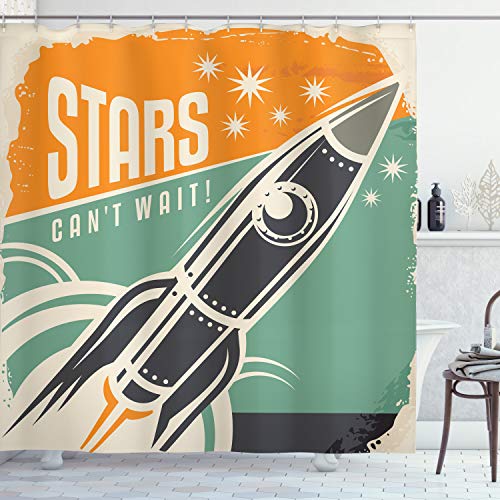 【中古】【未使用・未開封品】(180cm W By 180cm L, Multi 19) - Vintage Decor Shower Curtain by Ambesonne, Stars Can't Wait Retro Advertisement with Rocket Figure Lau画像