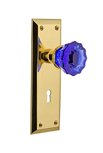 【中古】【未使用・未開封品】Nostalgic Warehouse 721829新しいYorkプレートwith Keyhole Passageクリスタルコバルトガラスドアノブ、光沢真鍮、Passage???2.375|AJIMURA-SHOP