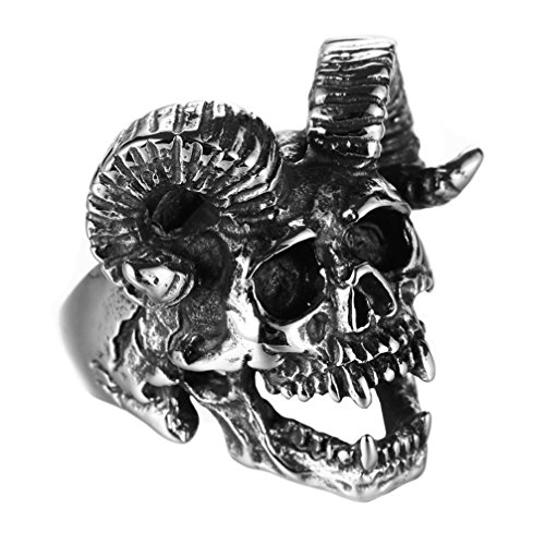 【中古】【未使用・未開封品】pamtierメンズステンレススチールヴィンテージSatanヤギホーンスカルリングシルバーブラック