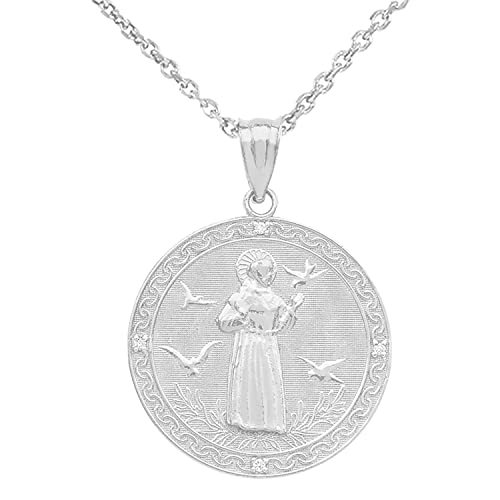 【中古】【未使用・未開封品】スターリングシルバーSaint Francis of Assisi CZラウンドメダルチャームネックレス(Medium) シルバー