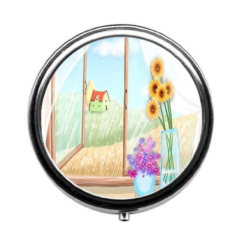【中古】【未使用・未開封品】Flower and House 水彩画円形ピルボックス/ピルケース-? ピルボックス/ピルケース 3つのコンパートメント