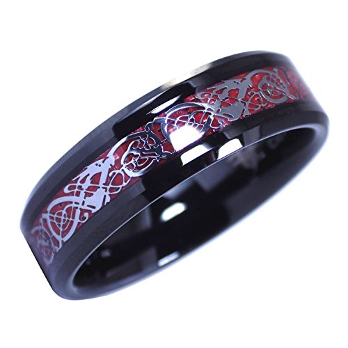 【中古】【未使用・未開封品】ブラックタングステンシルバートーンバイキングドラゴンケルトノットリング赤カーボンファイバー6?mmバンドサイズ5???10｜AJIMURA-SHOP