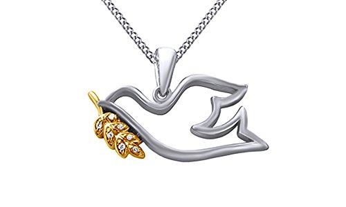 【中古】【未使用・未開封品】ホワイト天然ダイヤモンドDove withオリーブブランチペンダントネックレス14?Kゴールドオーバースターリングシルバー
