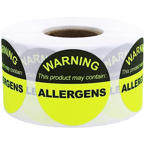 【中古】【未使用・未開封品】Allergen 警告食品ステッカー 蛍光イエロー 1.5インチ 円形ドット500枚